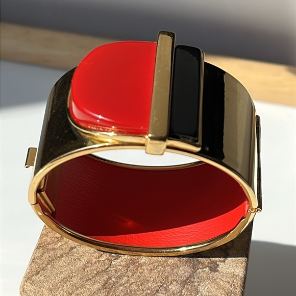 Vintage Modernist Statement Cuff Bracelet Red Black Gold Geometric Bold - Picture 3 of 16